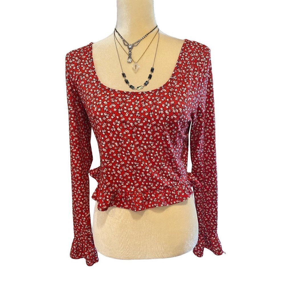 Iris long sleeve cropped red floral top, juniors Large